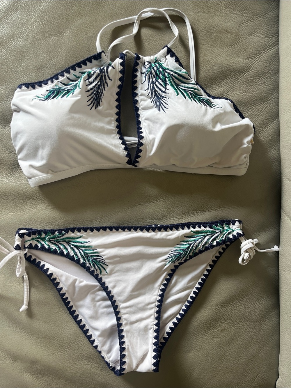 Aqua White Embroidered Palm-Trim Bikini Set